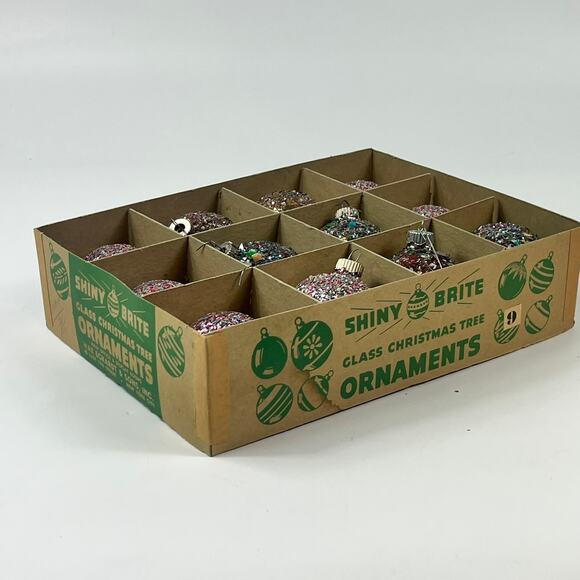 Vtg Decorated Shiny Brite Glitter Shard Glass Ornaments Set of 12 Mixed USA - Picture 2 of 16